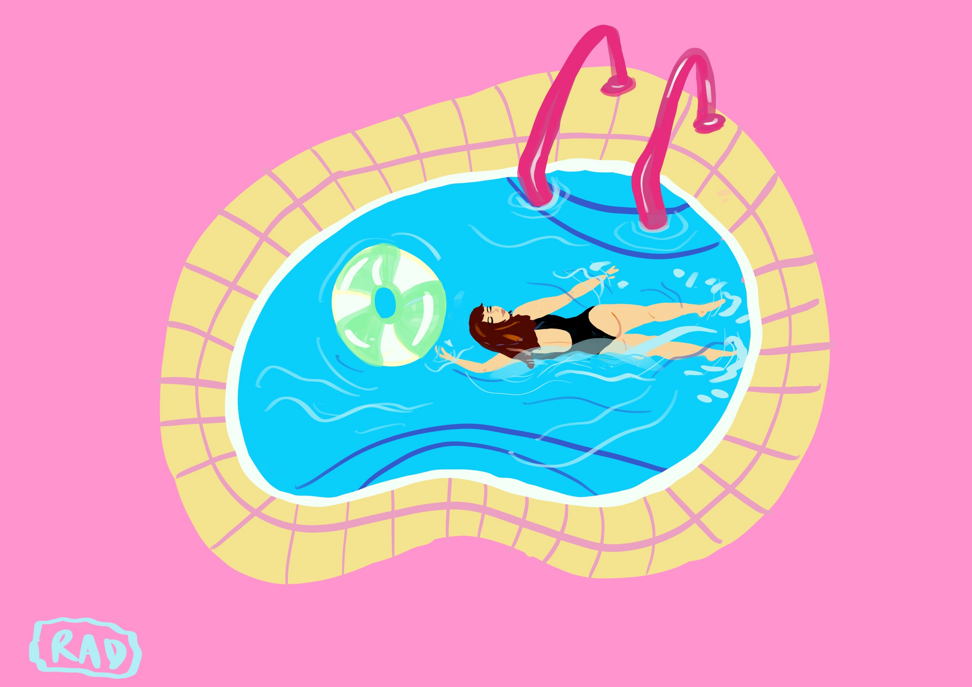 Illustration of Woman swimming in pool with pink and yellow, mint stripe pool ring