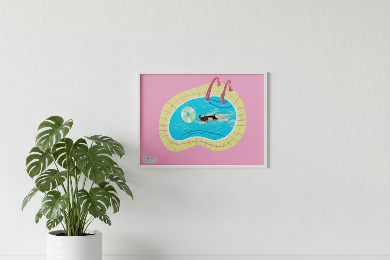 Illustration of Pink and yellow blue pool with woman swimming and pool ring. Palm Springs tropical pool illustration 